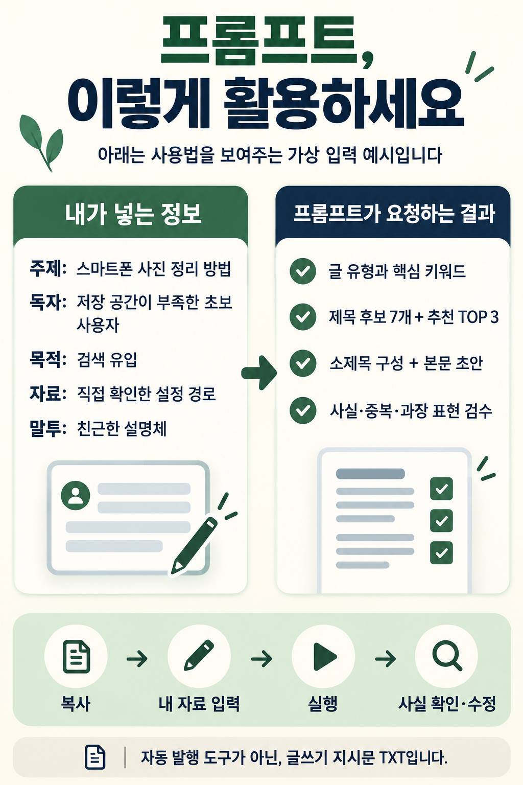 사용 방법을 설명하기 위한 가상 입력 예시입니다. 실제 결과는 입력 자료와 사용하는 AI에 따라 달라집니다.