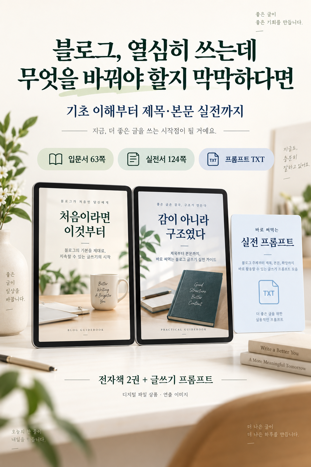 전자책 2권 + 실전 프롬프트 구성 연출 이미지. 실제 PDF 표지는 아래 미리보기에서 확인할 수 있습니다.